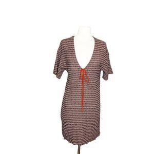 ZARA Knit Dress S Small Striped 90s Y2K V-Neck Stretch Shift Casual Short Sleeve